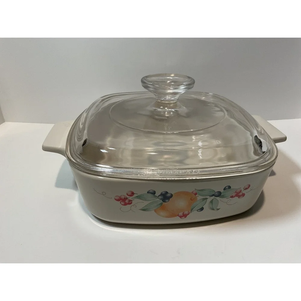 Corning Ware‎ Casserole Dish Square Fruit Design Pyrex Glass Lid A1B11 USA